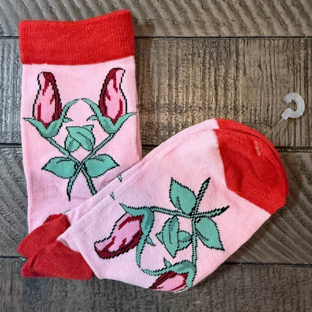 Valentines or Mother Days Socks Pink Red Green Floral Roses and Envelopes Socks
